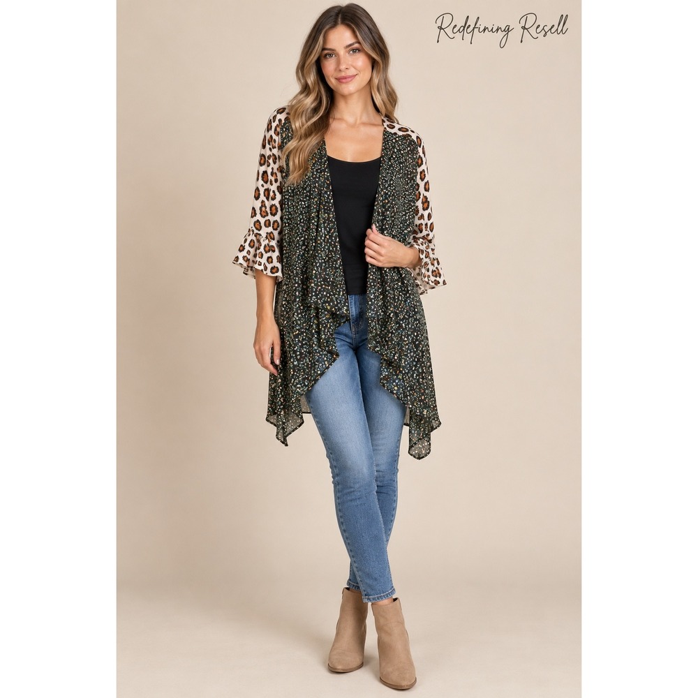 Umgee Mixed Leopard Floral Print Kimono Cardigan Gold Foil Ruffle M/L C2670